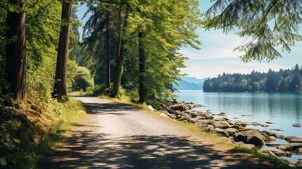 Wall Mural - A road leading to a tranquil lakeside retreat