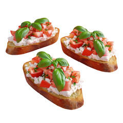 Wall Mural - Three bread slices with cheese, tomato, and basil leaves