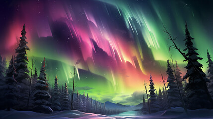 The ethereal dance of Northern Lights in an arctic sky, bursting in shades of green and pink.