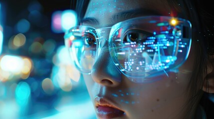 A woman wearing a pair of glasses with a blue screen in front of her face