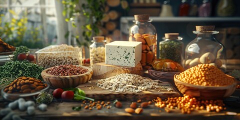 Wall Mural - A table with a variety of foods including nuts, beans, and cheese