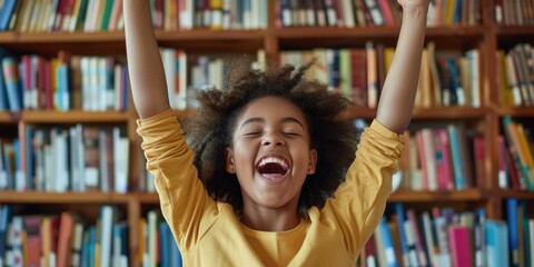 Wall Mural - A young girl is smiling and holding her hands up in the air