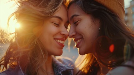 Wall Mural - Two women are hugging each other and smiling