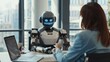 The Collaboration of Tomorrow - A human and a humanoid robot are immersed in a collaboration at a modern office desk, showcasing a seamless blend of technology and human interaction.