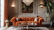 A glamorous retro living room with a velvet sofa, a mirrored coffee table, and a vintage-inspired chandelier casting a warm glow over the space