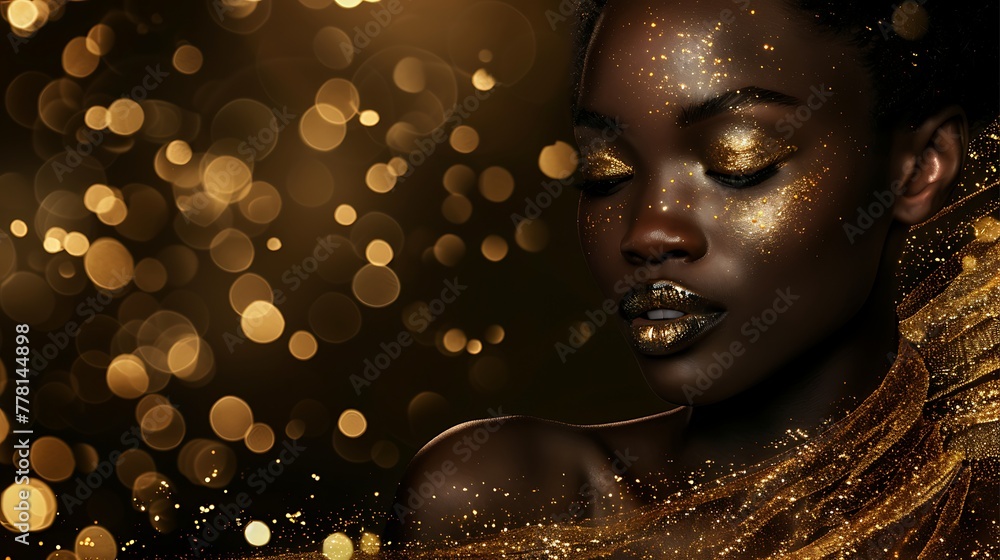 African woman in gold on black background, girl in black dress, Luxury ...