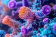 Microscopic close-up of a symbiotic relationship between human cells and probiotics