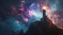 The Beacon Of A Lighthouse Pierces The Night, Shining Over Rugged Cliffs With A Backdrop Of A Radiant Cosmic Nebula.