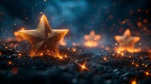 A Close Up Of A Gold Star On A Black Surface With A Blurry Background And Stars In The Foreground.