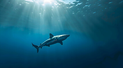 Wall Mural - A solitary bull shark patrolling the depths of an expansive ocean, its sleek silhouette contrasting against the soft hues of an ethereal, blurred seascape, offering ample copy space