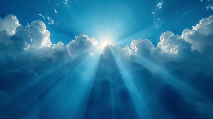 the sun shining through the clouds in a blue sky with beams of light coming from the center of the c