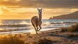 A small llama running along the dunes during a beautiful sunset with small mountain hills visible in the background