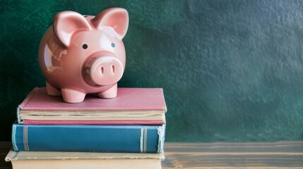 Piggy bank on top of books, with copy space.