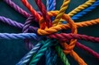 Knot of colorful ropes symbolizing diversity, strength, partnership, teamwork and unity.