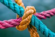 Knot of colorful ropes symbolizing diversity, strength, partnership, teamwork and unity.