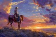 Cowboy on Horseback at Sunset in Western Landscape with Dramatic Sky