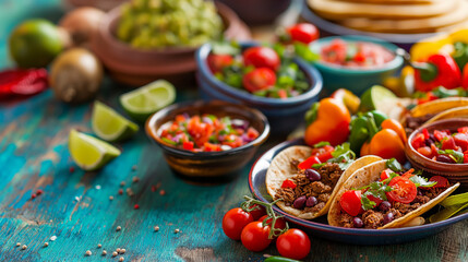 Wall Mural - traditional Mexican dishes, tacos, enchiladas, guacamole and salsa on colorful plates with colorful side dishes highlighting the rich flavors and spices of Mexican cuisine