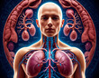 A schematic image of the human body through which you can see the human organs..