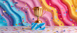 A gold trophy cup winner with confetti and sparkling glitter for celebration