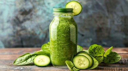 Green spinach smoothie.
Concept: superfoods healthy lifestyle and nutrition, including detox programs and green diets, organic grocery stores and healthy cafes.