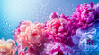 Dew-Kissed Peonies in Vivid Hues. A mesmerizing display of peonies, bejeweled with water droplets, against a gradient blue backdrop, showcasing nature's beauty in a dance of pink and violet tones.