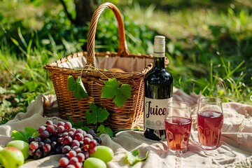 Poster - picnic basket with grapes and wine