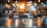 Fototapeta  - A professional bright kitchen with a blurred background - gas oven - orange tongues of blue flame of a gas burner