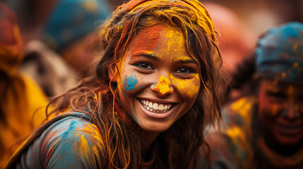 Wall Mural - Portrait Of Young Indian Women With Color Face celebrating Holi Color festival. Festival in india.