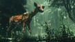 A large, rotting deer stands in a lush, green forest. The scene is eerie and unsettling, with the decaying animal adding to the overall sense of decay and death