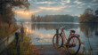 A timeless bicycle with a tarnished brass bell, parked next to a weathered wooden pier overlooking a serene lake-2