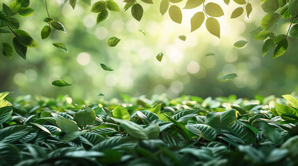 Wall Mural - Green tree leafs fallen at the bottom of a screen, show only the leafs. AI generative
