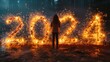 a woman standing in front of a large number of firecrackers that spell out the numbers 2012 and 2013.