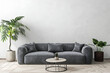 Interior Living Room, Empty Wall Mockup In White Room With Blue Grey Sofa And Green Plants, 3d Render Real Room Template