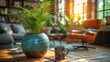 © Mikus - a potted plant sits next to a mug on a table in a room with a couch and chair in the background.