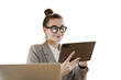 A female secretary in formal attire uses a tablet, a friendly office employee workplace. Transparent background.