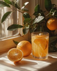 Wall Mural - a glass of orange juice on white background under direct sunlight