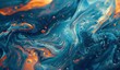 Close-up abstract image of blue and orange oil swirls. The concept of color abstraction and fluidity of shapes.