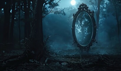 Mysterious mirror in a dark forest reflecting the moon. The concept of magic and mystery.