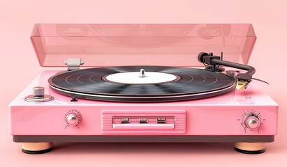 Pink vinyl record player on a solid background. The concept of retro music and style.