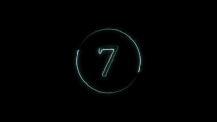 Wall Mural - Abstract digital seven countdown circle cyan color illustration. Cyan Neon light seven number black background 4k illustration.	