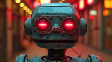 a close up of a robot with a red light on it's head and a red light on it's head.