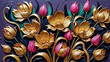Bright Pink and Gold Flowers on Deep Purple Background: A Beautiful and Eye-Catching Painting