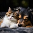 Cute cat and dog lying on the bed cuddled together.