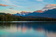 Beauvert Lake sunset and Mount Edith Cavell, Jasper national park, Canada.