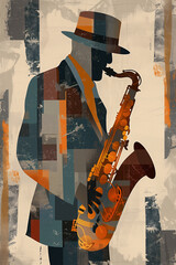 Wall Mural - Afro-American male jazz musician saxophonist playing a saxophone in an abstract cubist style painting for a poster or flyer, stock illustration image