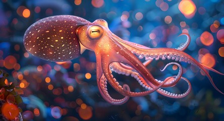 Wall Mural - A giant squid gracefully gliding through the depths, illuminated by the gentle glow of bioluminescent creatures, with a mesmerizing blurred oceanic backdrop