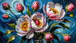 Oil Painting of Peonies in Full Bloom on Azure Canvas