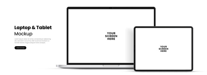 Aufkleber - Modern laptop mockup front view and high quality smartphone and tablet mockup isolated on white background. Notebook mockup and phone device mockup for ui ux app and website presentation.Stock Vector.