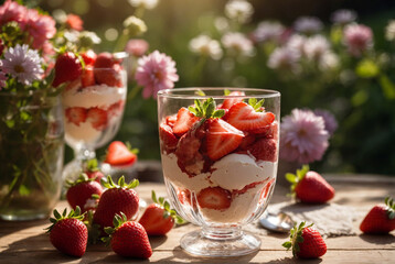 Wall Mural - Strawberry ice cream layered parfait with fresh strawberry