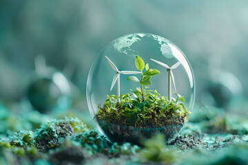 Poster - Glass globe and windmills representing world environment and earth day concept.